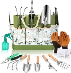 10-Piece Heavy Duty Garden Tool Set for Women, Rust-Proof Gardening Hand Tools with Durable Garden Tools Organizer Handbag, Ideal Gardening Gifts for Mom and Plant Lovers