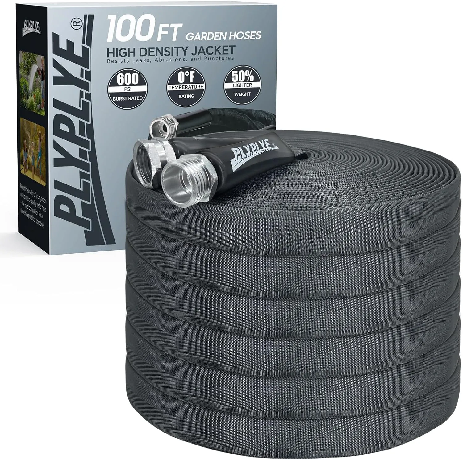 100ft Non-Expanding Garden Hose – Ultra-Light, Kink-Free, High-Pressure, Abrasion-Resistant, Durable, All-Weather, Eco-Friendly, Black&Gray