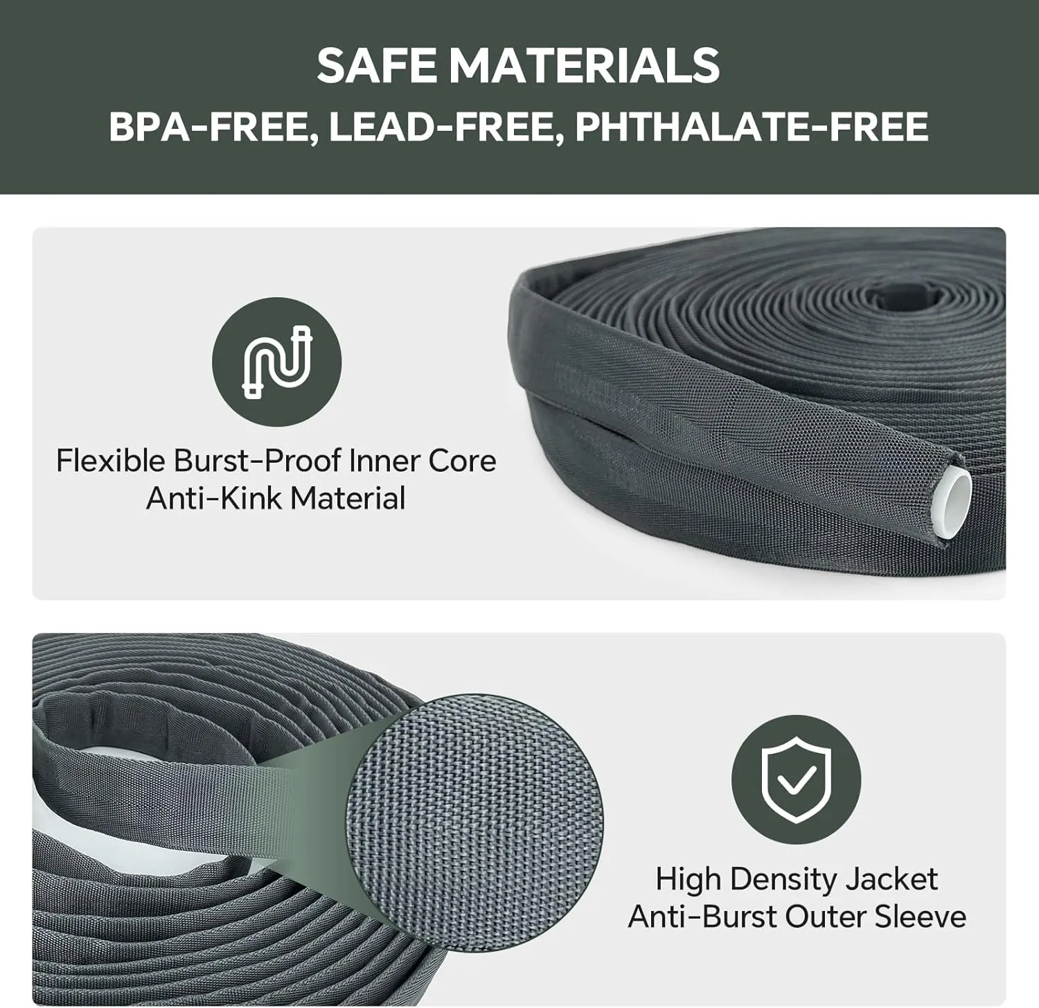 100ft Non-Expanding Garden Hose – Ultra-Light, Kink-Free, High-Pressure, Abrasion-Resistant, Durable, All-Weather, Eco-Friendly, Black&Gray