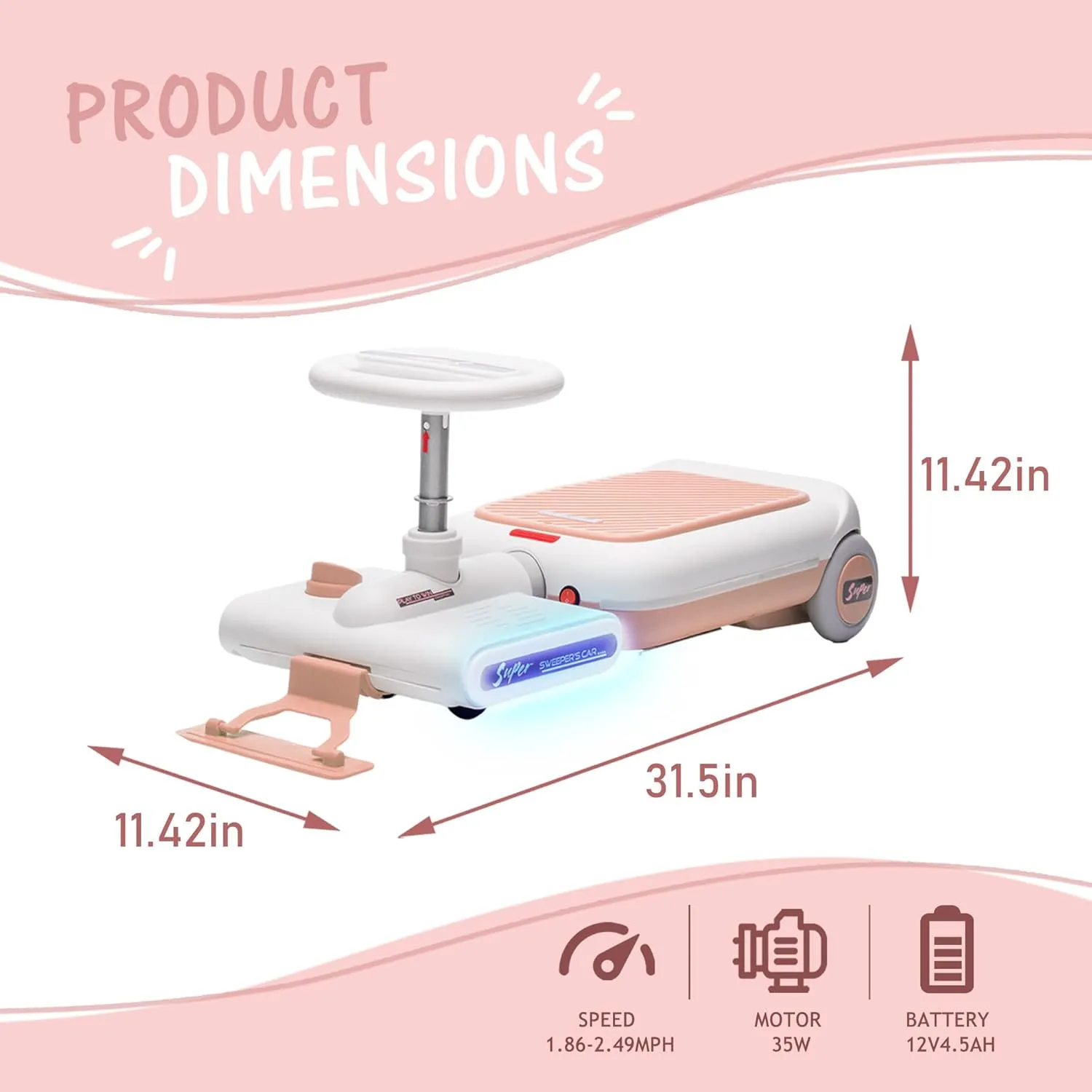 12V Kids Electric Go Kart, 3 in 1 Go Kart, Mop Cart with Adjustable Speed, Clean Car for Kids Ages 3 , Rechargeable Battery, Adjustable Mop Length, Mood Light and Music, Pink