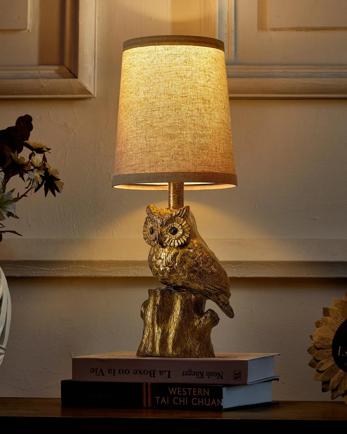 14.25" Small Table Lamp for Living Room Farmhouse Bedside Resin Single Lamp with Gold Owl Lamp Shape for Bedroom Retro Rustic Nightstand Lamp