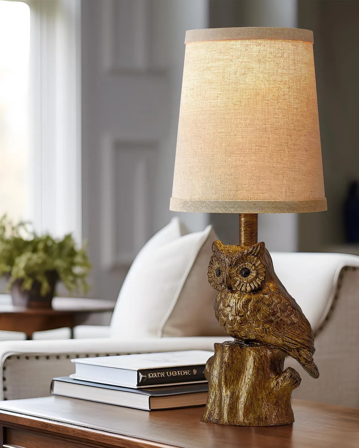 14.25" Small Table Lamp for Living Room Farmhouse Bedside Resin Single Lamp with Gold Owl Lamp Shape for Bedroom Retro Rustic Nightstand Lamp