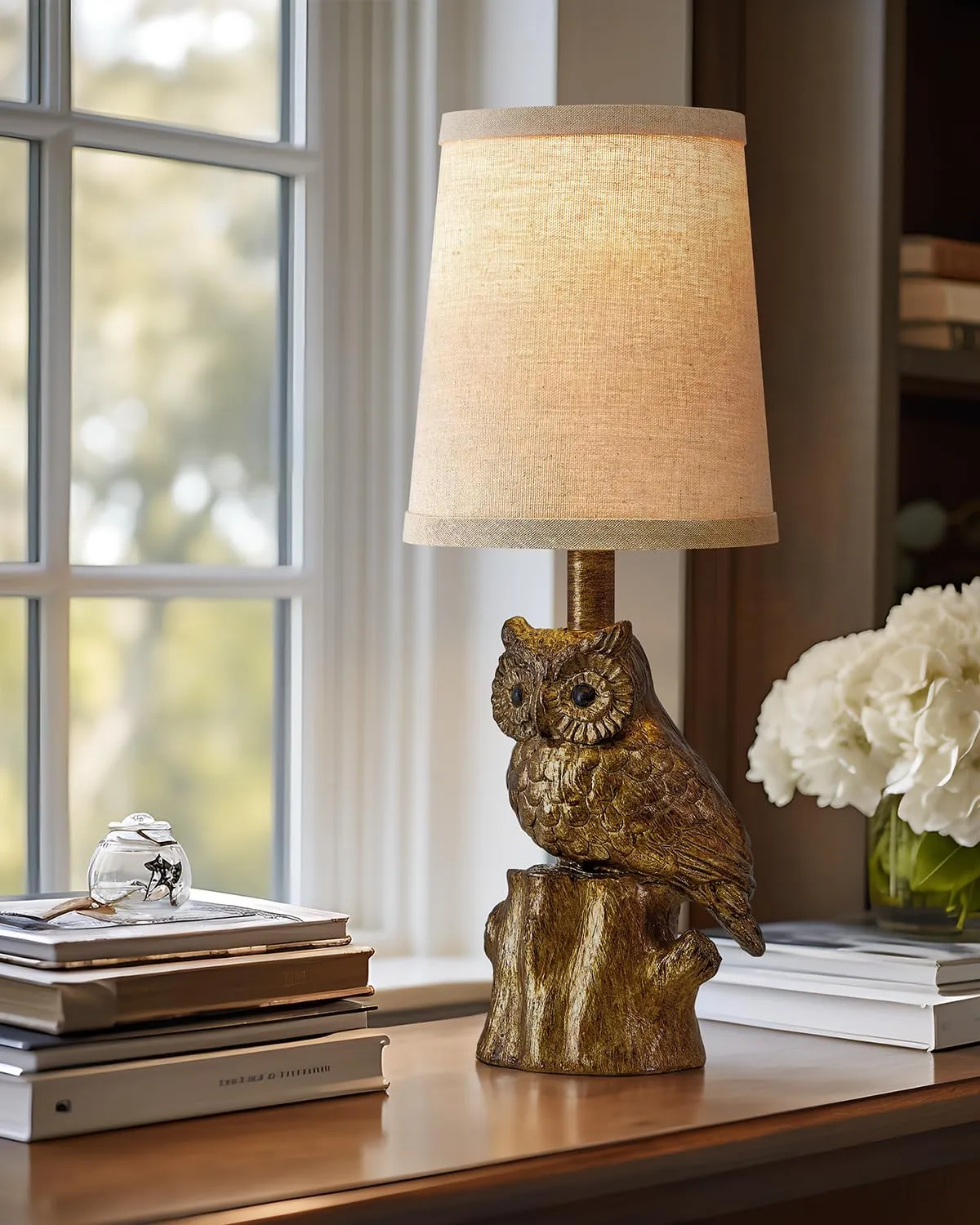 14.25" Small Table Lamp for Living Room Farmhouse Bedside Resin Single Lamp with Gold Owl Lamp Shape for Bedroom Retro Rustic Nightstand Lamp