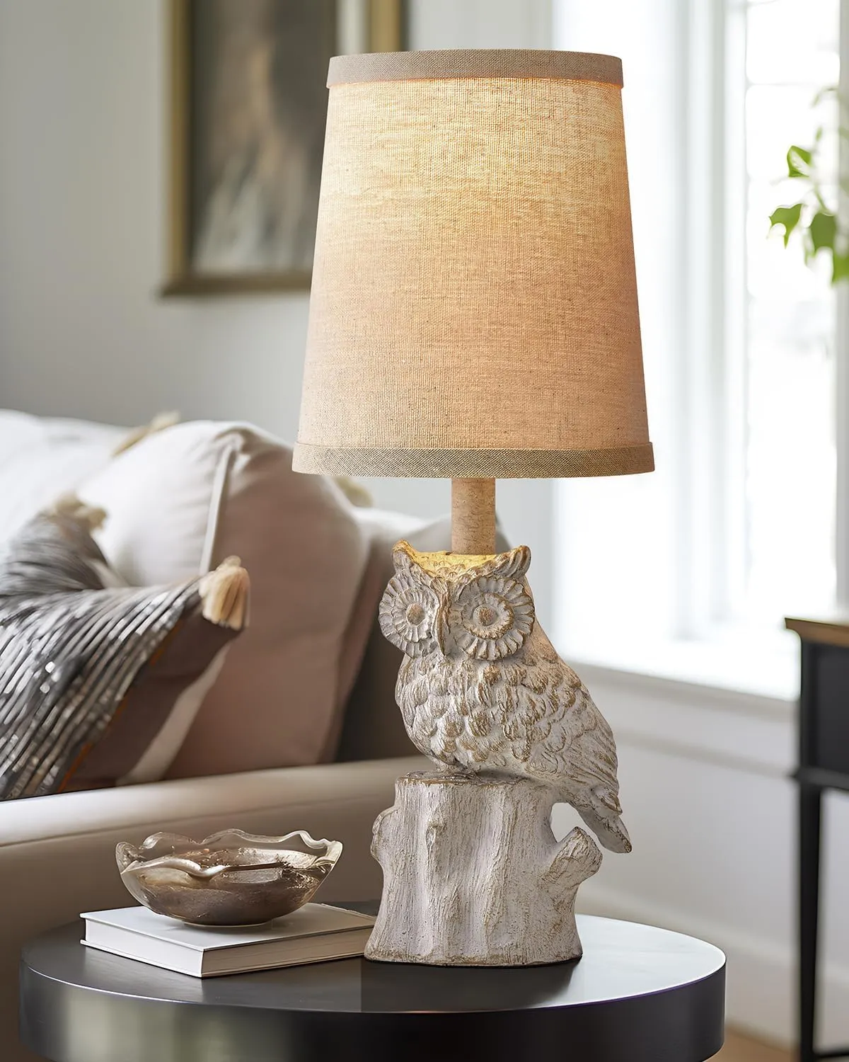 14.25" Small Table Lamp for Living Room Farmhouse Bedside Resin Single Lamp with White Owl Lamp Shape for Bedroom Retro Rustic Nightstand Lamp