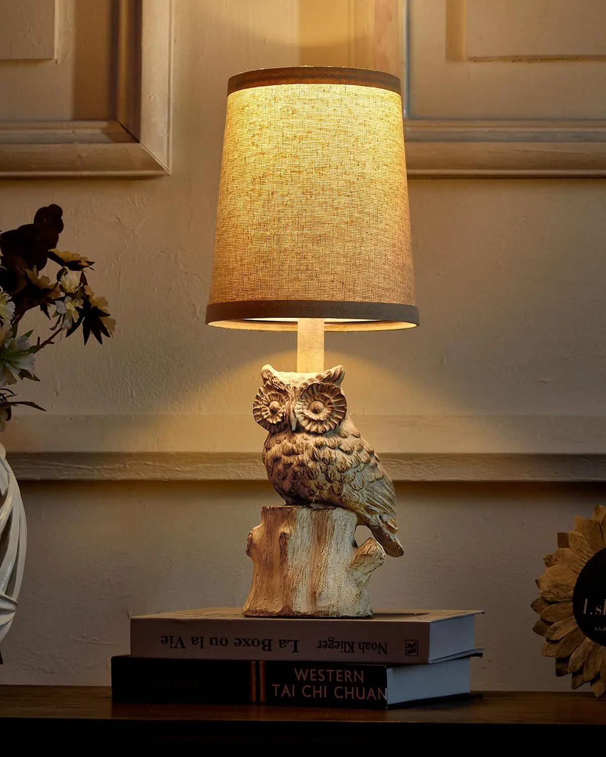14.25" Small Table Lamp for Living Room Farmhouse Bedside Resin Single Lamp with White Owl Lamp Shape for Bedroom Retro Rustic Nightstand Lamp