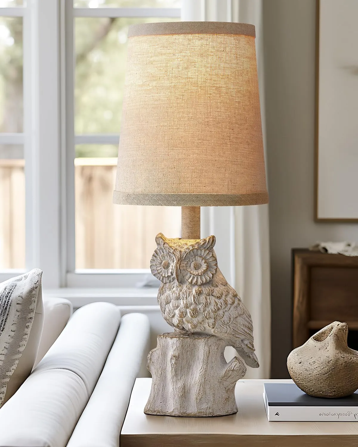 14.25" Small Table Lamp for Living Room Farmhouse Bedside Resin Single Lamp with White Owl Lamp Shape for Bedroom Retro Rustic Nightstand Lamp