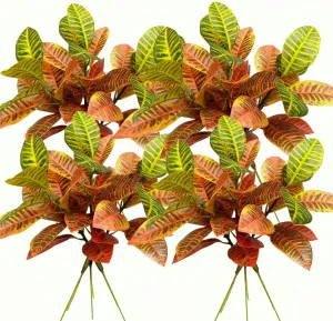 14.5 inch Artificial Croton Plant Leaf Branches Lifelike Tropical Houseplant Bush Stems for Home Office Decoration (Orange - Pack of 12)