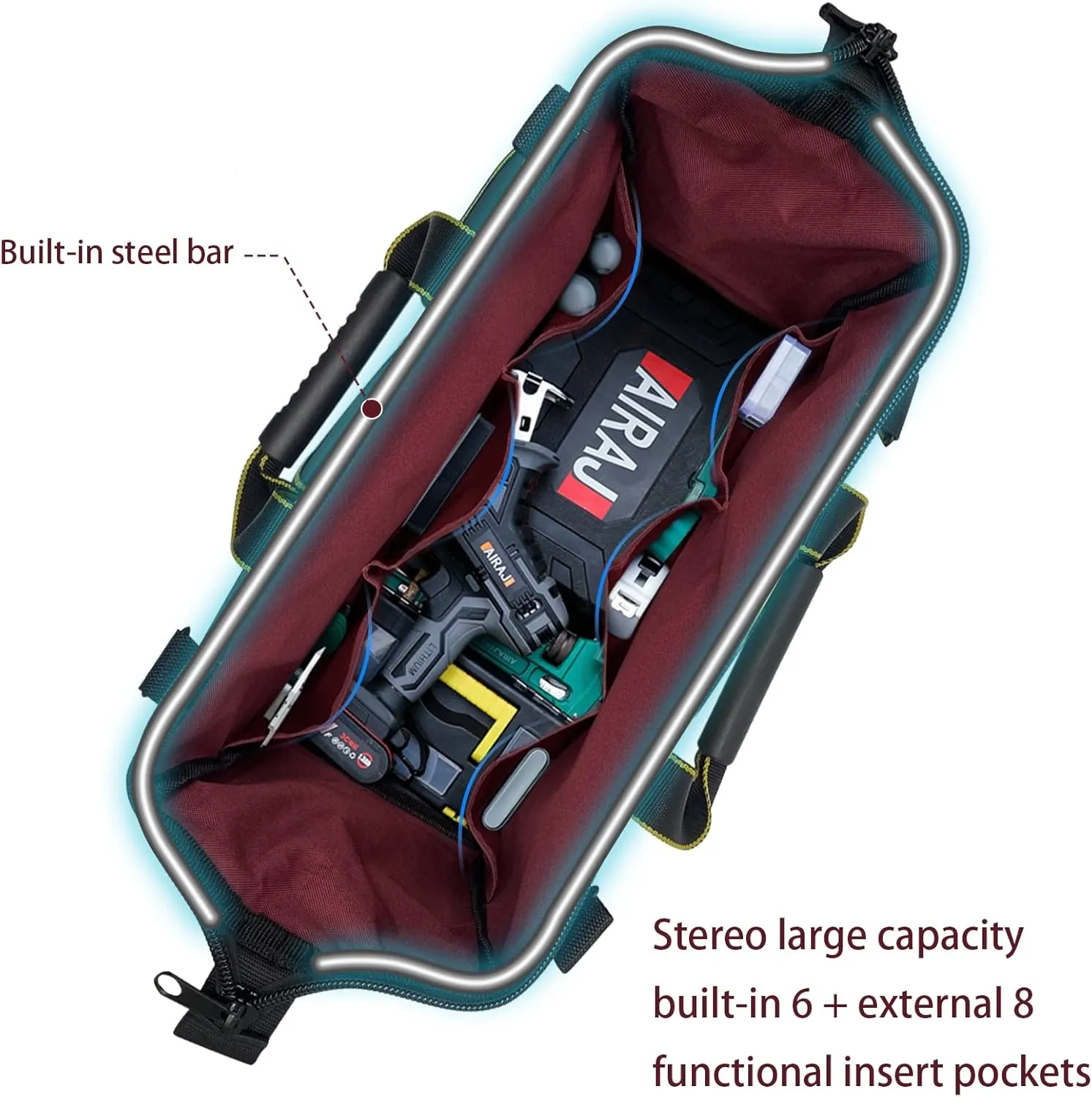 16-inch Tool bag with non-slip feet adjustable shoulder strap 14 functional insert pockets large capacity men's heavy-duty toolbox for electricians carpentry gardening (Yellow)