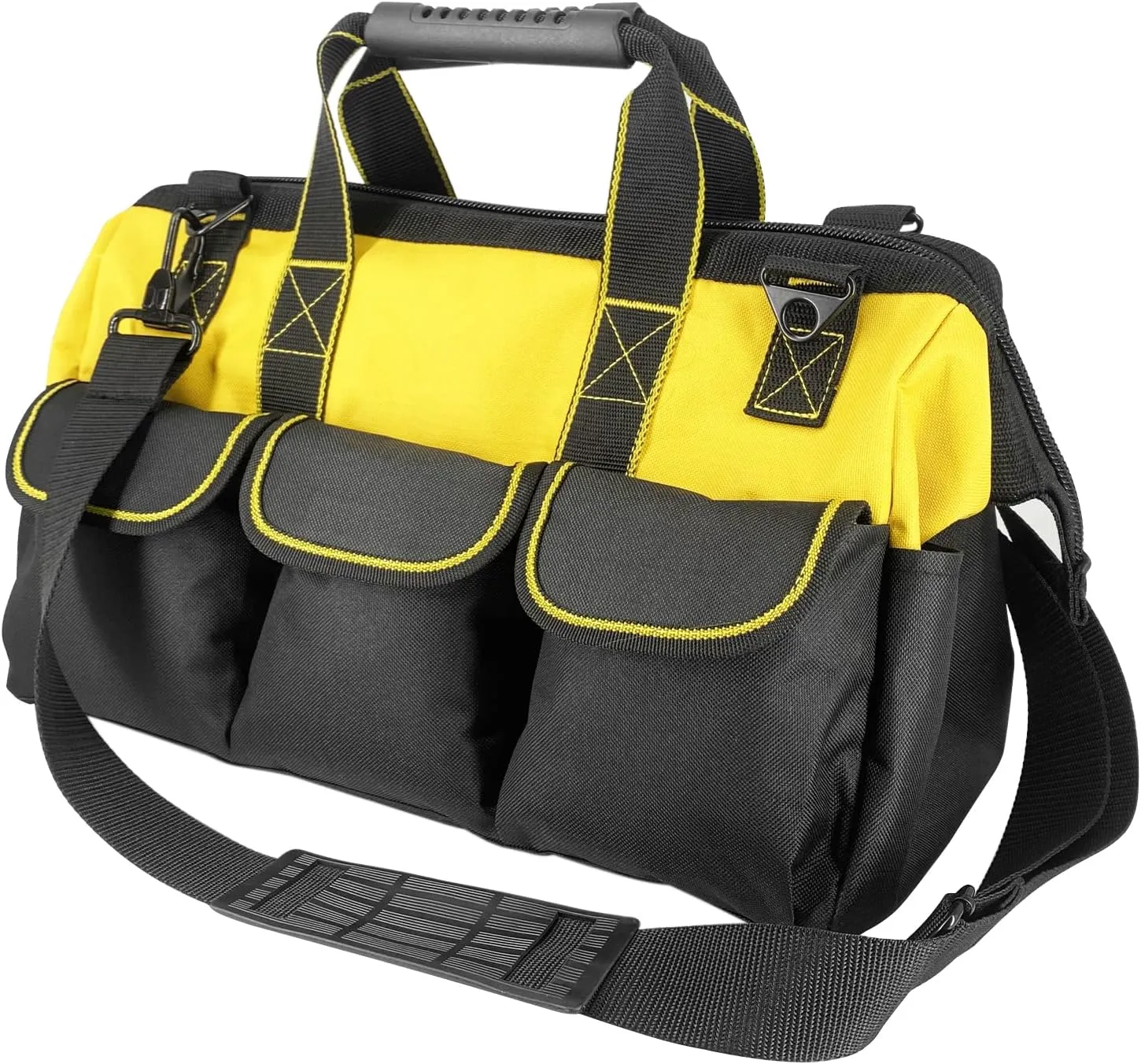 16-inch Tool bag with non-slip feet adjustable shoulder strap 14 functional insert pockets large capacity men's heavy-duty toolbox for electricians carpentry gardening (Yellow)