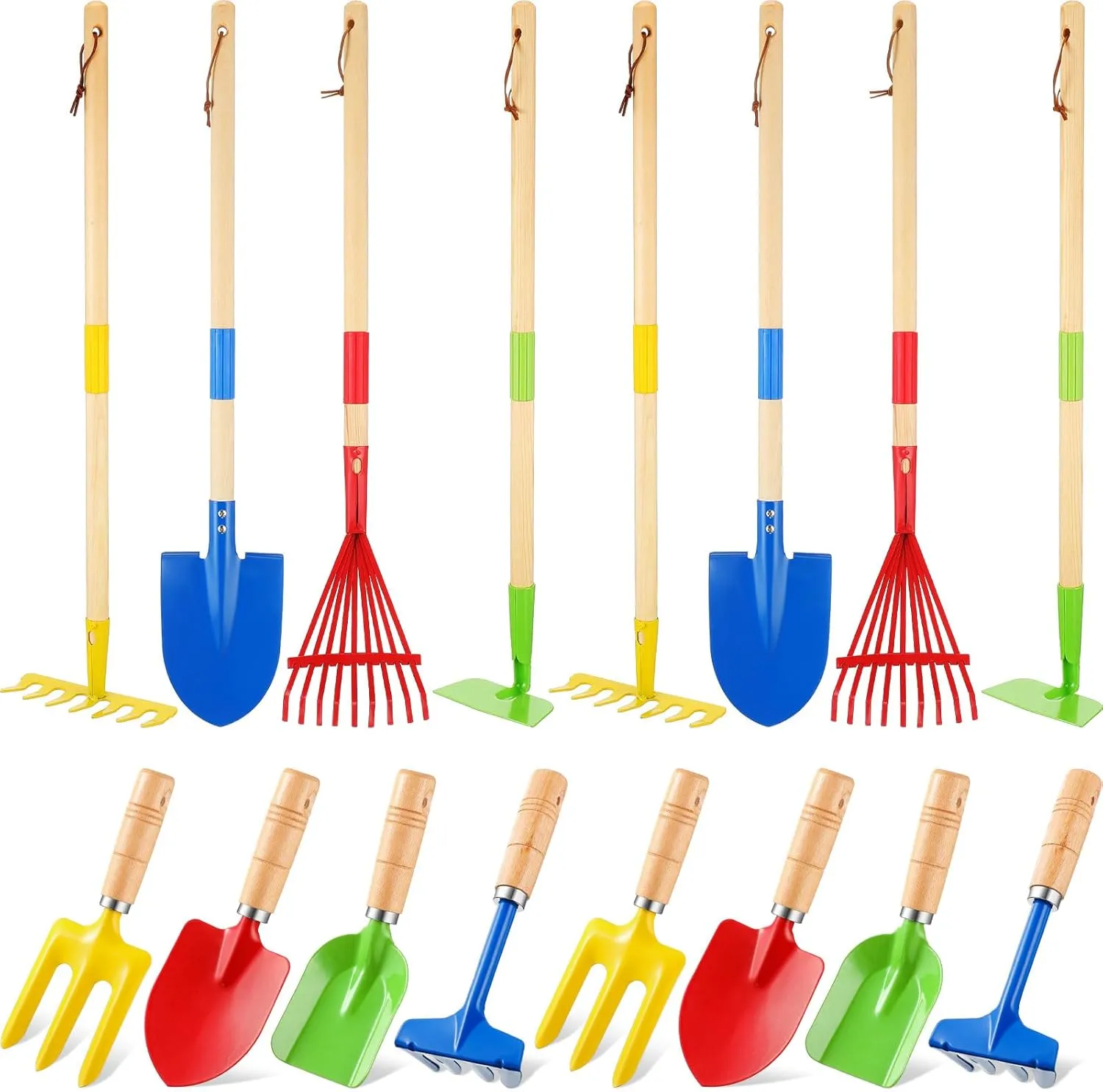 16 PCS Kids Gardening Tools, Long Shovel, Rake for Leaves, Spade, Hoe, Steel Heads and Real Wood Handle, Yard Tools for Children Toddlers Gifts