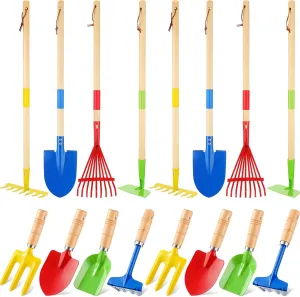 16 PCS Kids Gardening Tools, Long Shovel, Rake for Leaves, Spade, Hoe, Steel Heads and Real Wood Handle, Yard Tools for Children Toddlers Gifts