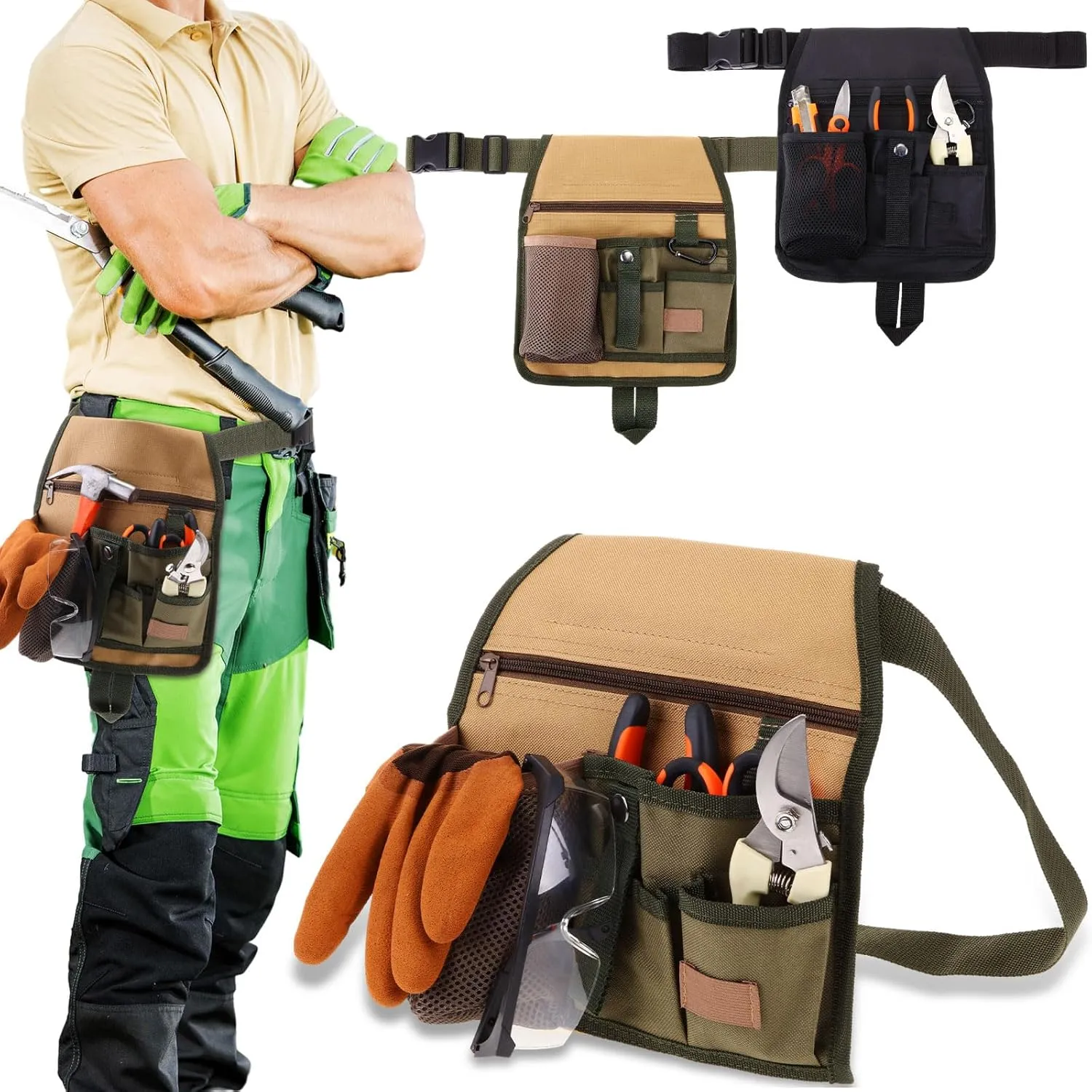 2 Pack Handy Organizer Garden Tool Pouch, Garden Tool Belt, Utility Tool Pouch Unisex with Multiple Pockets and Zipper, Unisex Belt with Adjustable Waist Belt for Gardening Gifts, Florists