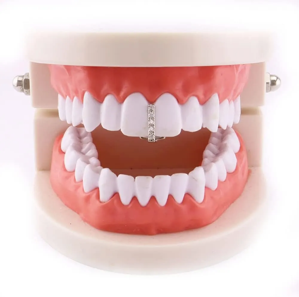 2 Pcs 18K Gold Plated Hip Hop Teeth Grillz Caps Iced Out CZ Gap Grillz Single Tooth Top or Bottom Grills for Your Teeth Grillz Set for Men Women