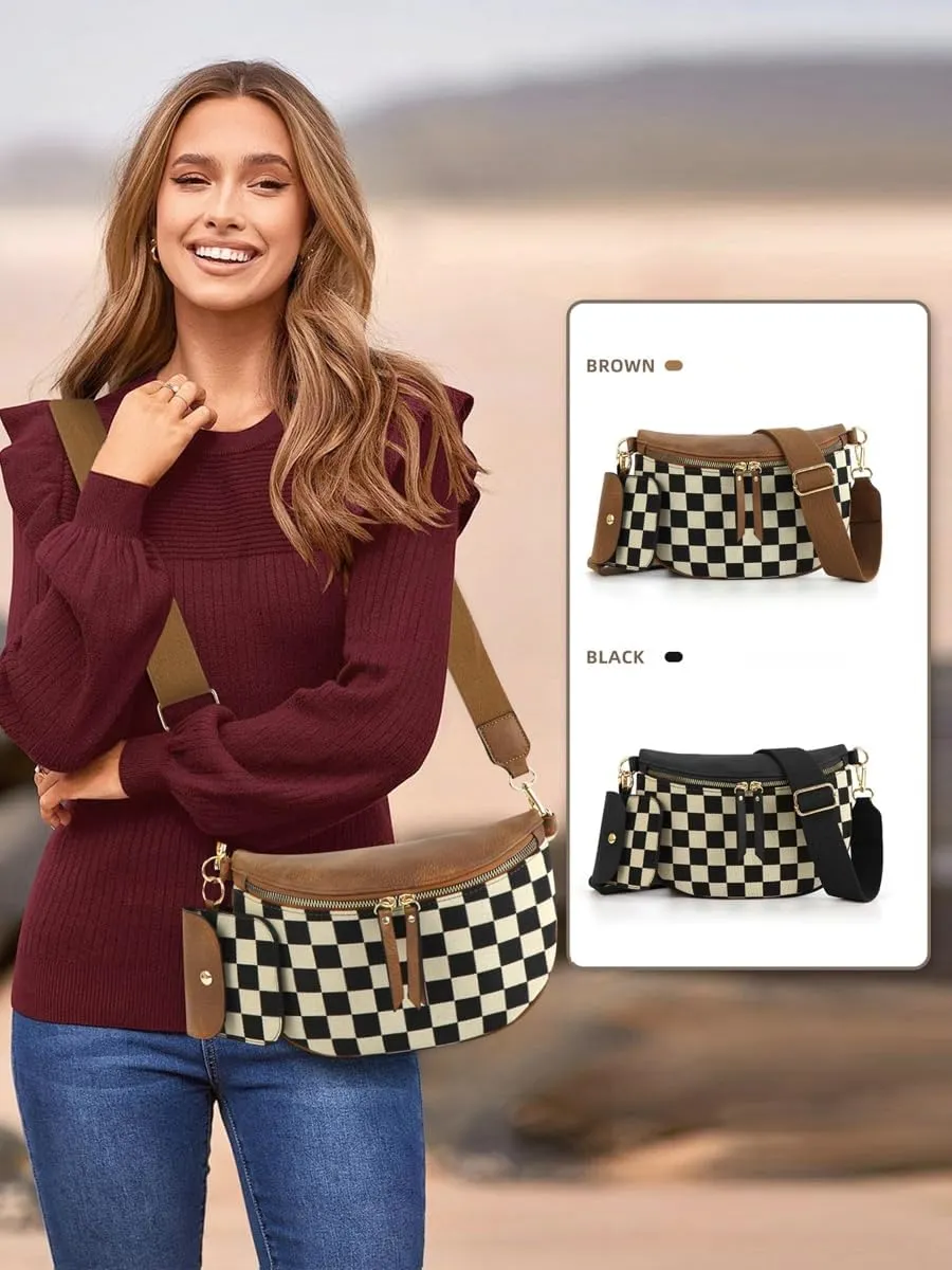 2 Pcs Checkered Crossbody Bags for Women Bum Bag Checkered Cross Body Sling Backpack Hobo Satchels Shoulder Wallet Purses