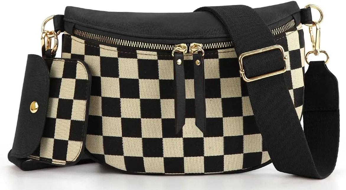 2 Pcs Checkered Crossbody Bags for Women Bum Bag Checkered Cross Body Sling Backpack Hobo Satchels Shoulder Wallet Purses