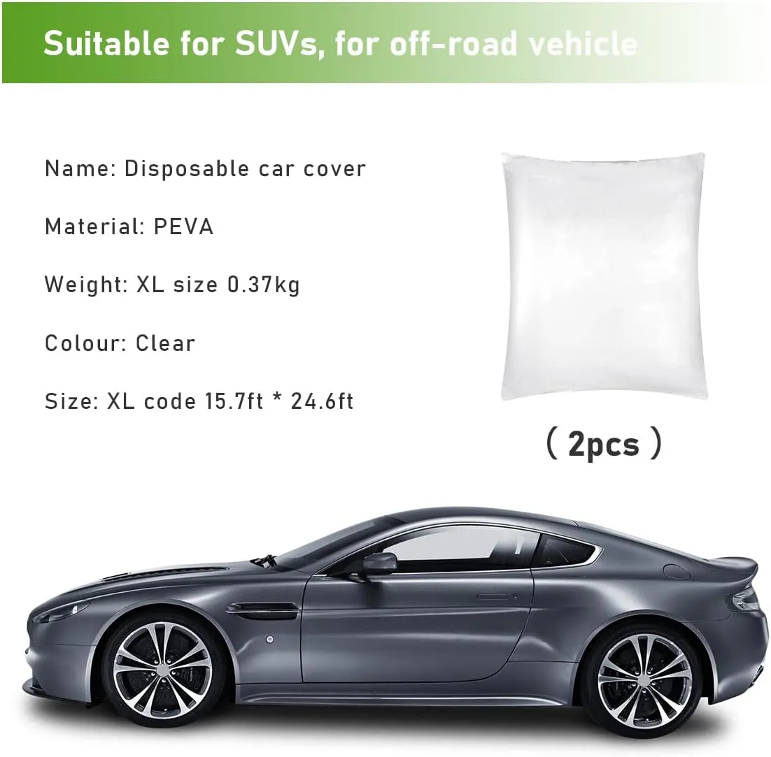 2 PCS Disposable Car Cover, 15.7×24.7 ft Waterproof Clear Plastic Full Car Cover Protection, Universal Rain Dust Garage Cover with Elastic Band for SUV, Car Accessories