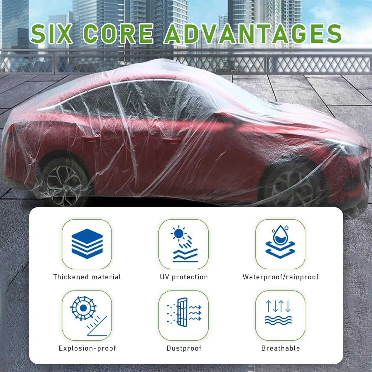 2 PCS Disposable Car Cover, 15.7×24.7 ft Waterproof Clear Plastic Full Car Cover Protection, Universal Rain Dust Garage Cover with Elastic Band for SUV, Car Accessories