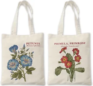 2 PCS Floral Tote Bag Aesthetic Flowers Botanical Shopping Bag Beautiful Flowers Reusable Grocery Bag for Women
