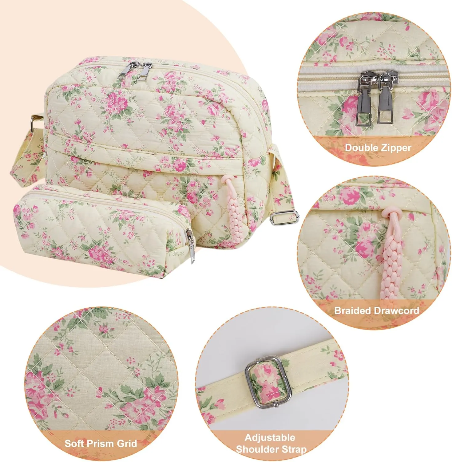 2 PCS/Set Small Cute Floral Quilted Crossbody Bag with Multi-Pockets for Women, Tote Shoulder Everyday Handbags