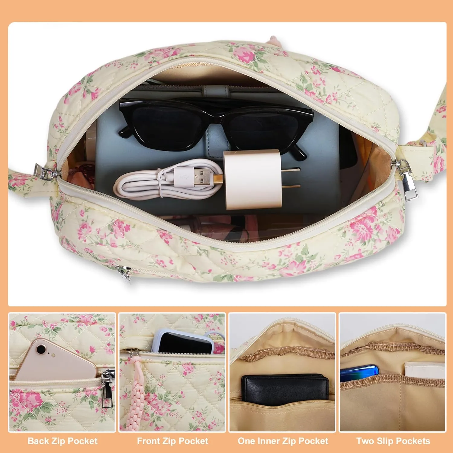 2 PCS/Set Small Cute Floral Quilted Crossbody Bag with Multi-Pockets for Women, Tote Shoulder Everyday Handbags