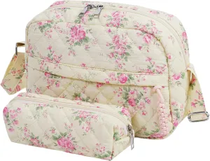 2 PCS/Set Small Cute Floral Quilted Crossbody Bag with Multi-Pockets for Women, Tote Shoulder Everyday Handbags