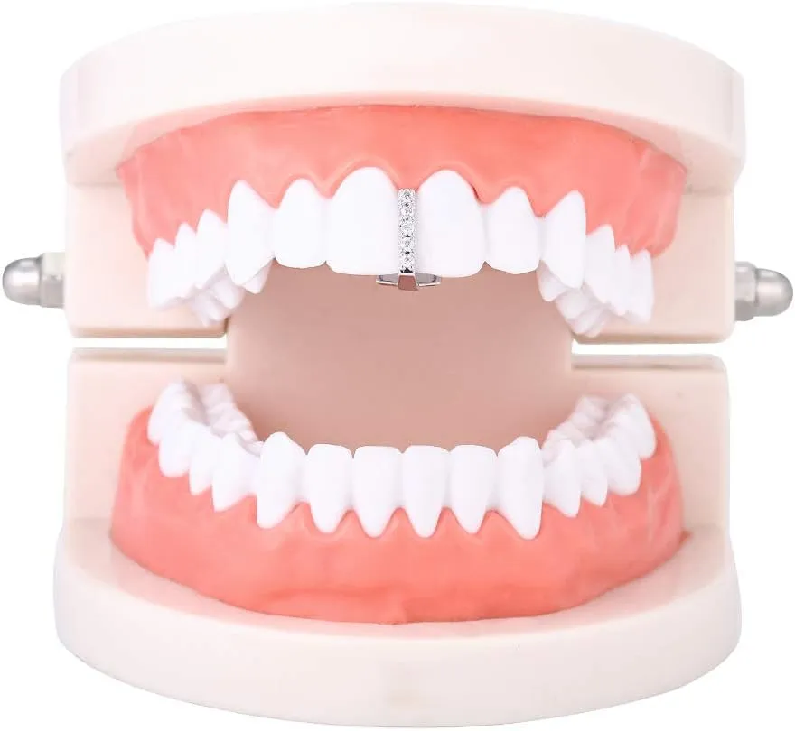 2Pcs 18K Gold Plated Hip Hop Teeth Grillz Iced Out CZ Gap Grillz Single Tooth Top or Bottom Grills for Your Teeth Grillz Set for Men Women