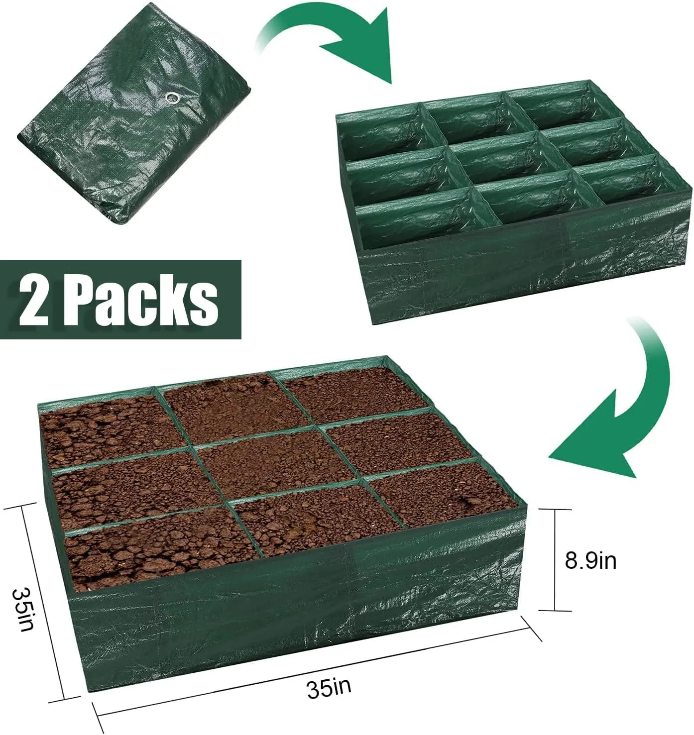 2PCSRaised Garden Planter Fabric Bed, 9 Divided Grids Durable Square Planting Grow Pot, Plant Grow Bags for Outdoor Carrot Onion Herb Flower Vegetable Plants