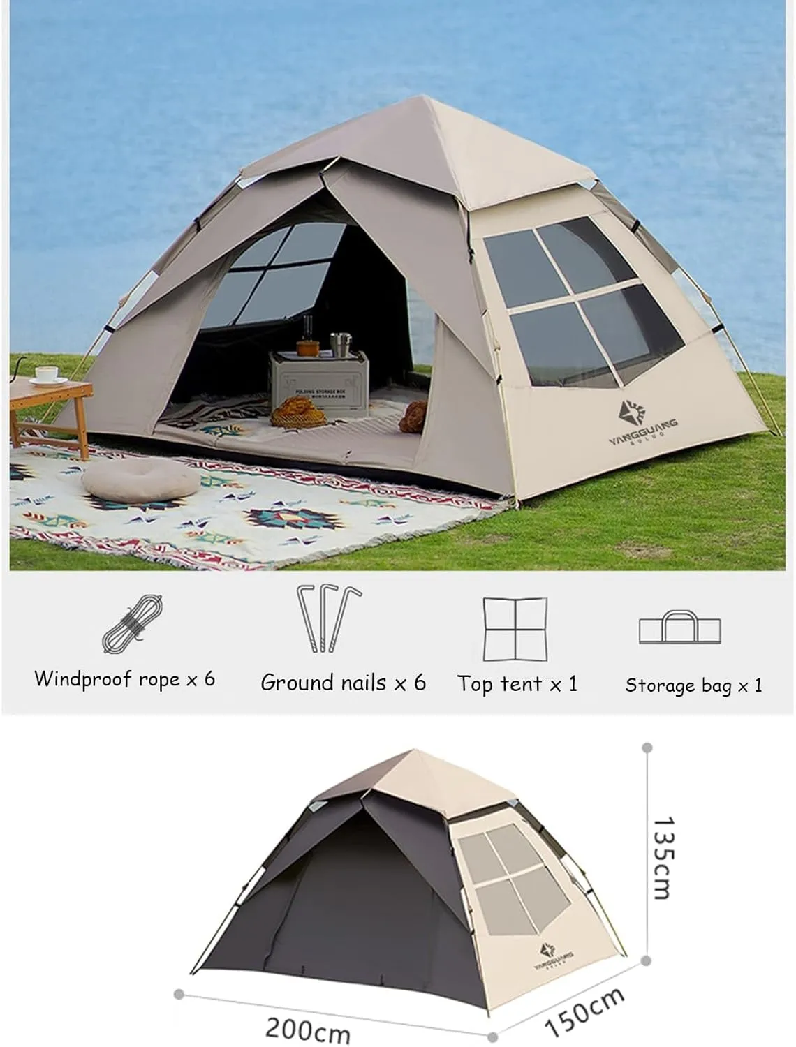 3-5 Person Ready-to-use Inflatable Camping Tent Waterproof Four Seasons Deluxe, Cabin Tent with Mesh Doors and Windows, Suitable for Family/Group Outdoor Activities(2-3Person)