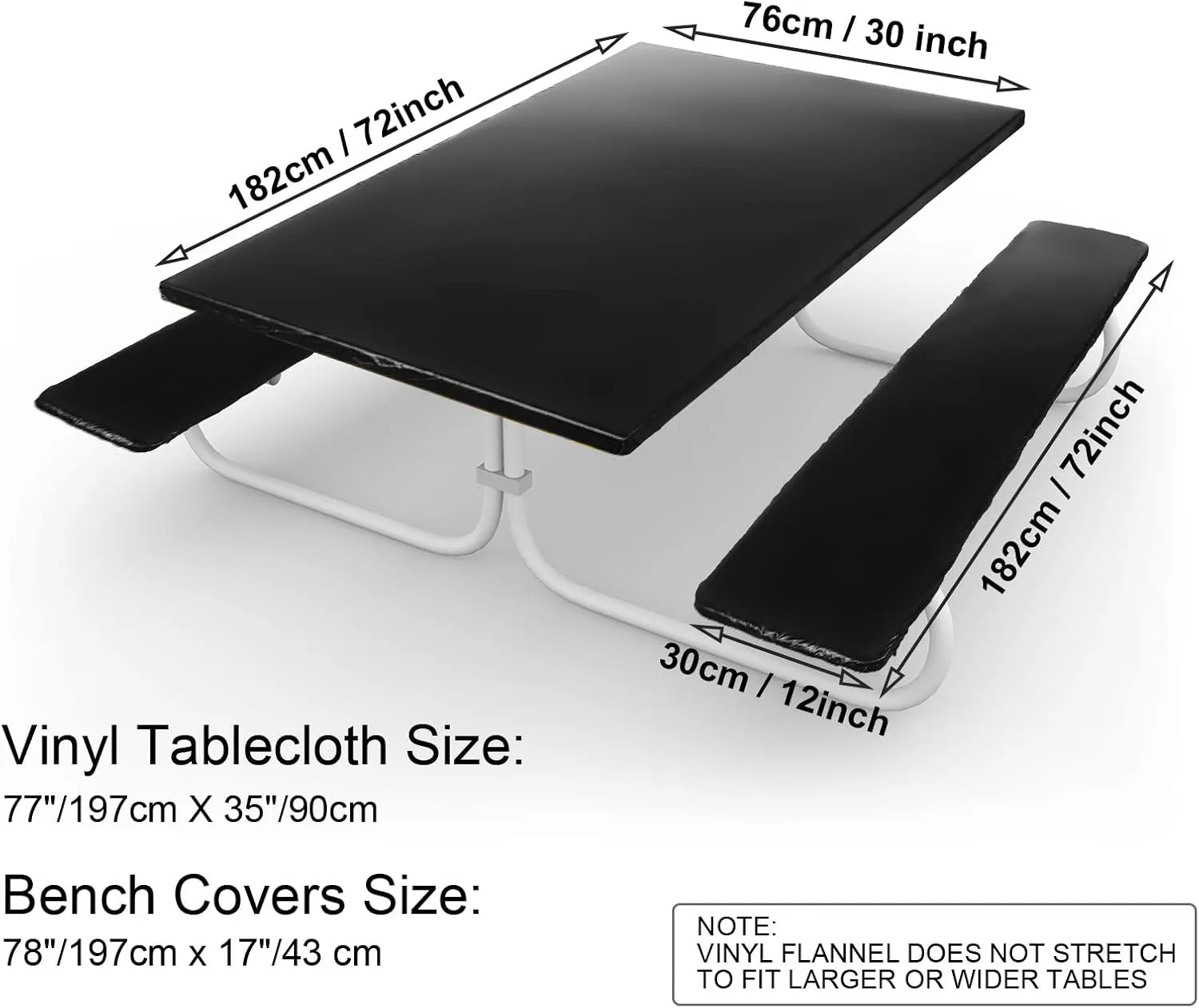 3 Pcs Picnic Table and Bench Fitted Tablecloth Cover for 6 Ft Table 30 x 72 Inch Vinyl Fitted Elastic Edges Waterproof Wipeable Tablecloth for Indoor Outdoor Travel Picnics Patio Camping (Black)