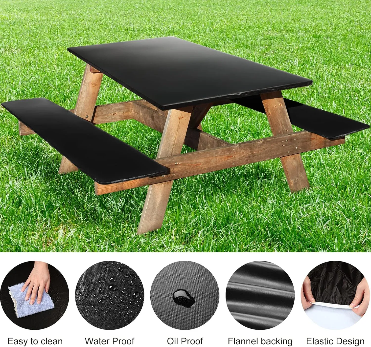 3 Pcs Picnic Table and Bench Fitted Tablecloth Cover for 6 Ft Table 30 x 72 Inch Vinyl Fitted Elastic Edges Waterproof Wipeable Tablecloth for Indoor Outdoor Travel Picnics Patio Camping (Black)
