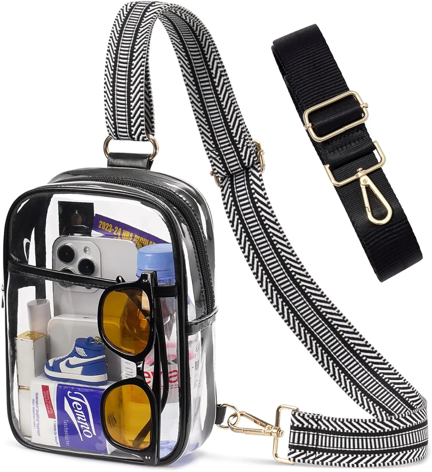 3 Pockets Clear Bag for Stadium Events with 2 Long Straps Sling Backpack Fanny Pack Concert Crossbody Purses for Women