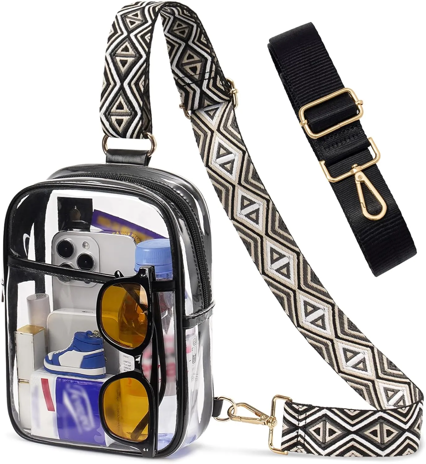 3 Pockets Clear Bag for Stadium Events with 2 Long Straps Sling Backpack Fanny Pack Concert Crossbody Purses for Women