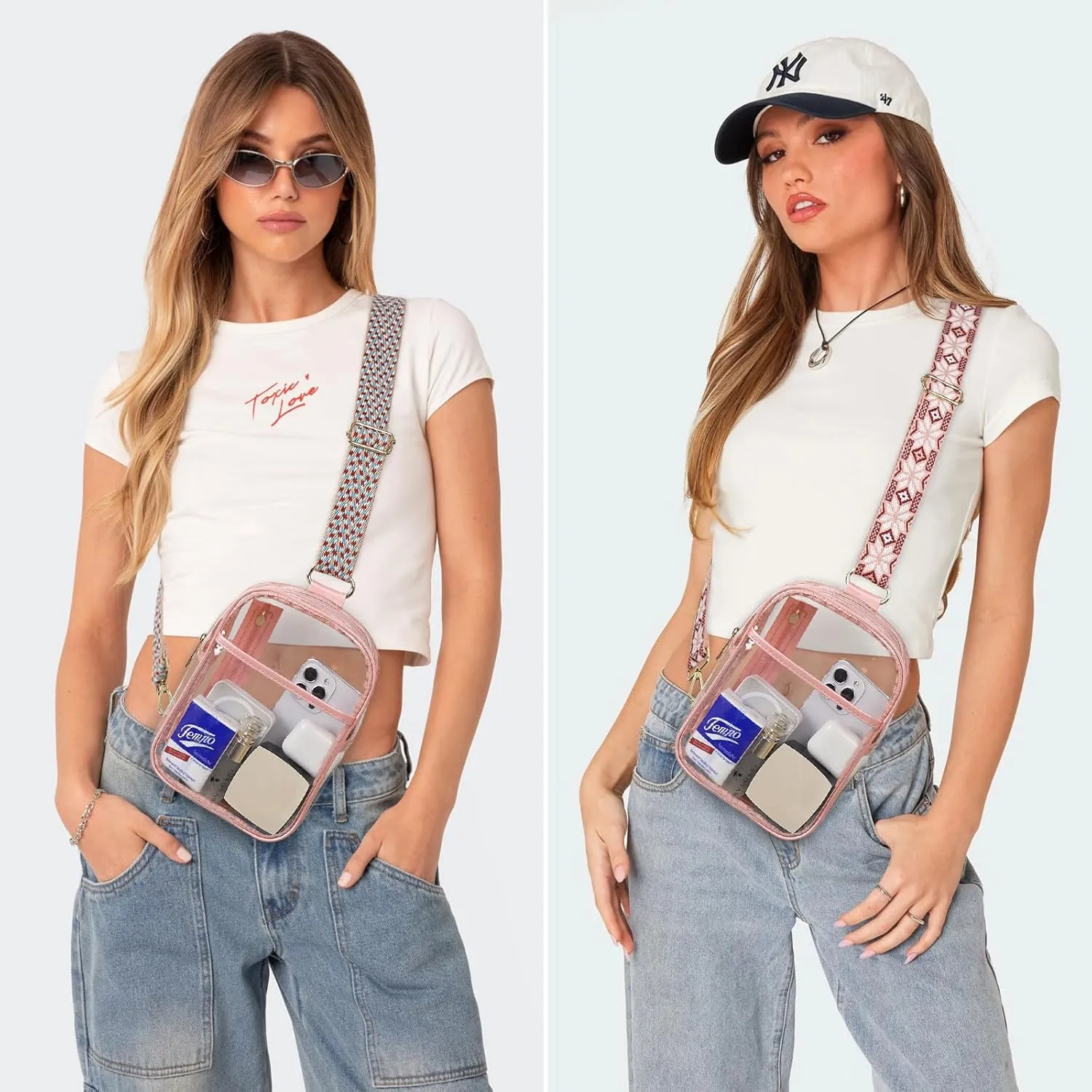 3 Pockets Clear Bag for Stadium Events with 2 Long Straps Sling Backpack Fanny Pack Concert Crossbody Purses for Women