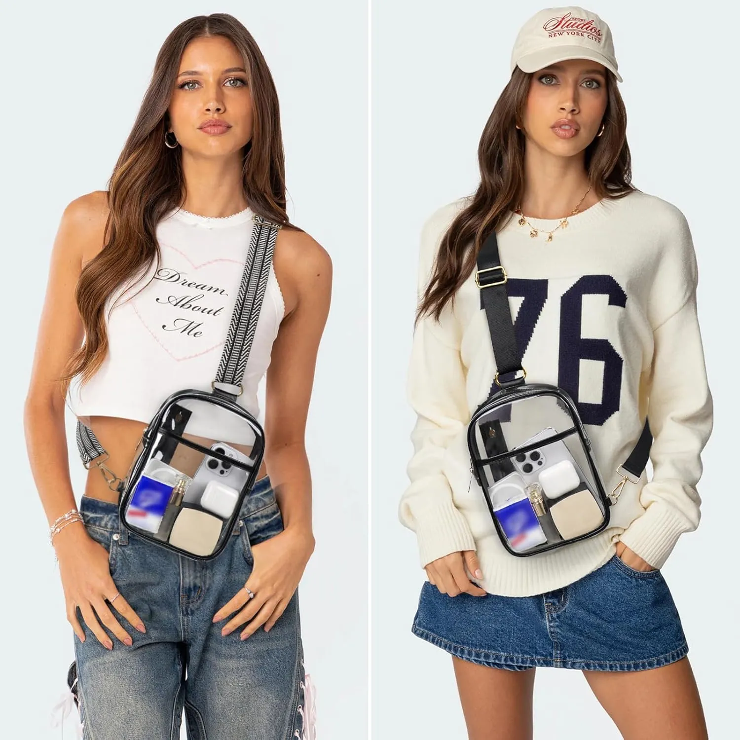 3 Pockets Clear Bag for Stadium Events with 2 Long Straps Sling Backpack Fanny Pack Concert Crossbody Purses for Women
