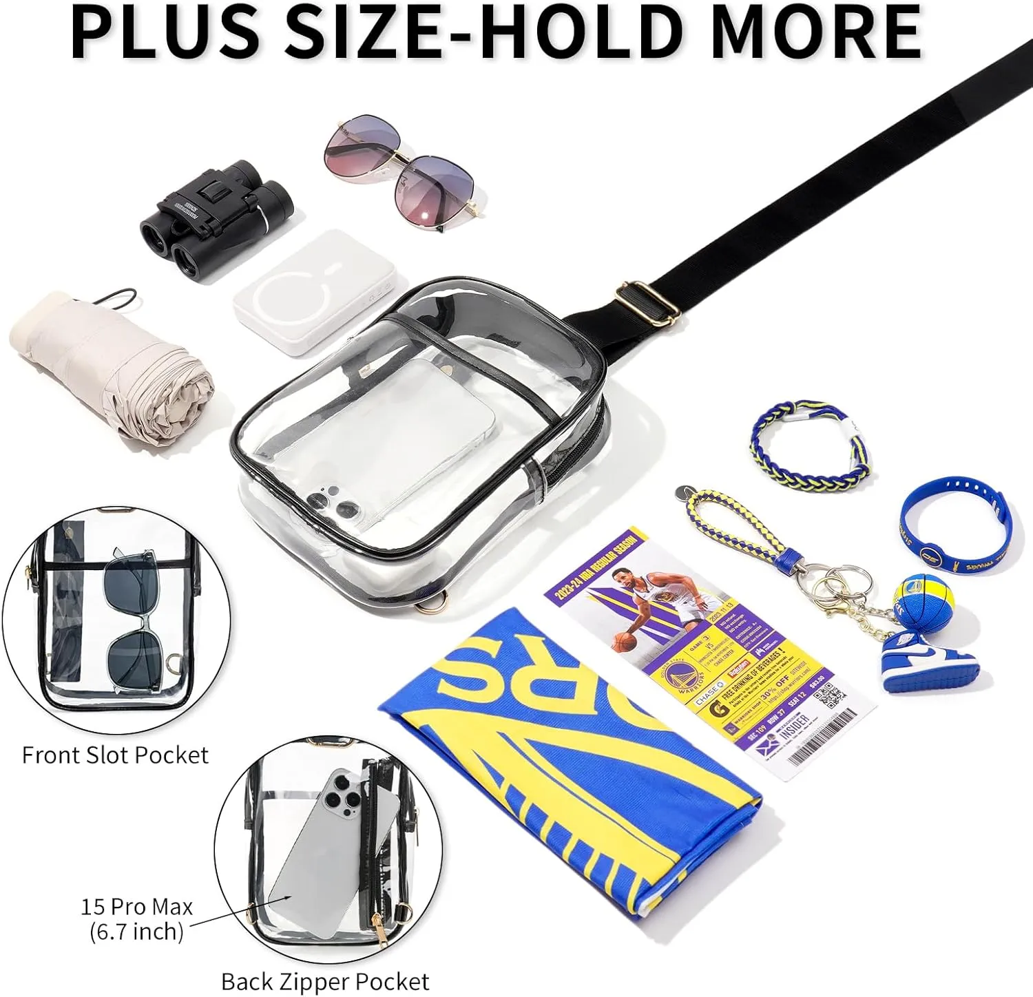3 Pockets Clear Bag for Stadium Events with 2 Long Straps Sling Backpack Fanny Pack Concert Crossbody Purses for Women