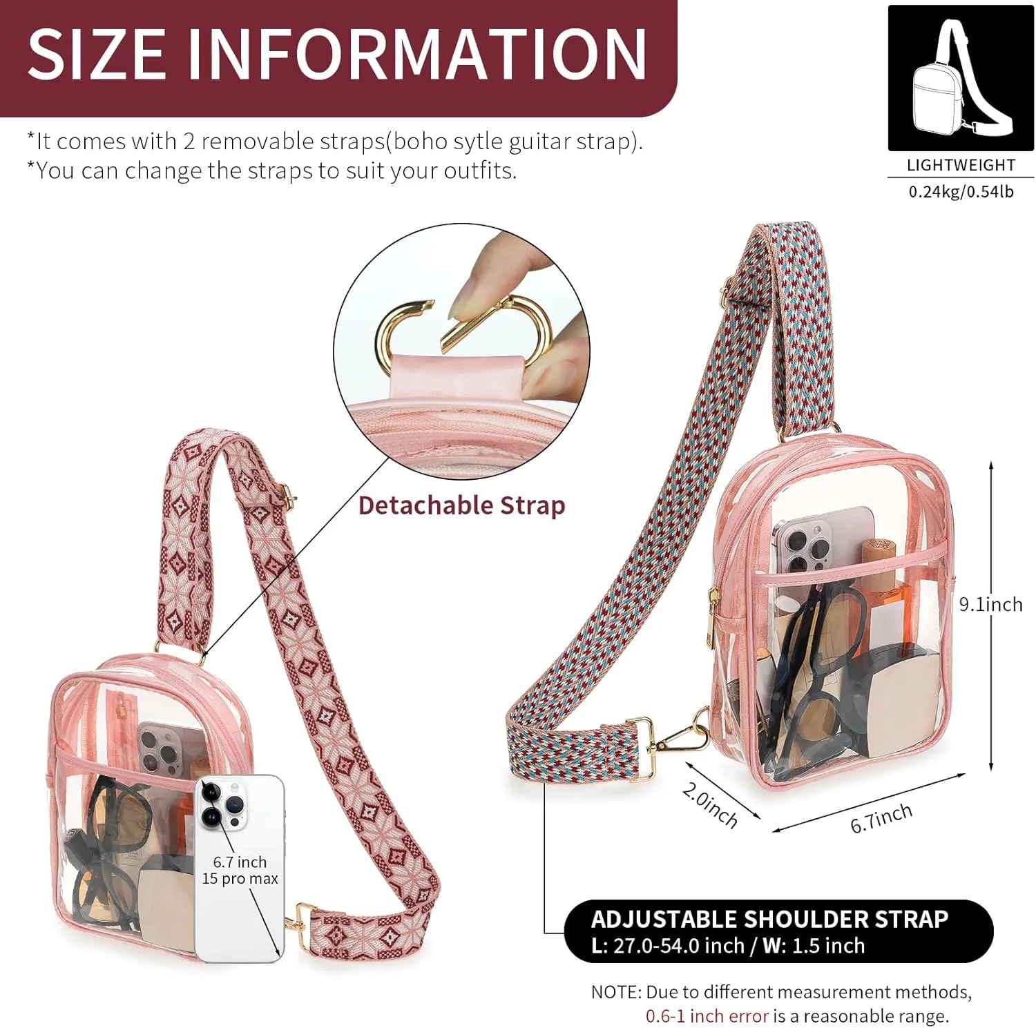 3 Pockets Clear Bag for Stadium Events with 2 Long Straps Sling Backpack Fanny Pack Concert Crossbody Purses for Women