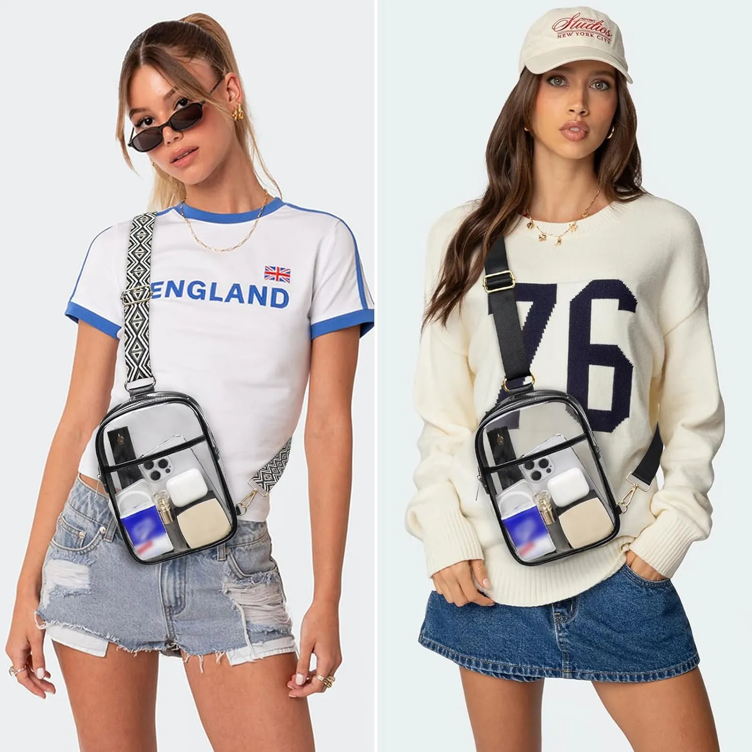 3 Pockets Clear Bag for Stadium Events with 2 Long Straps Sling Backpack Fanny Pack Concert Crossbody Purses for Women