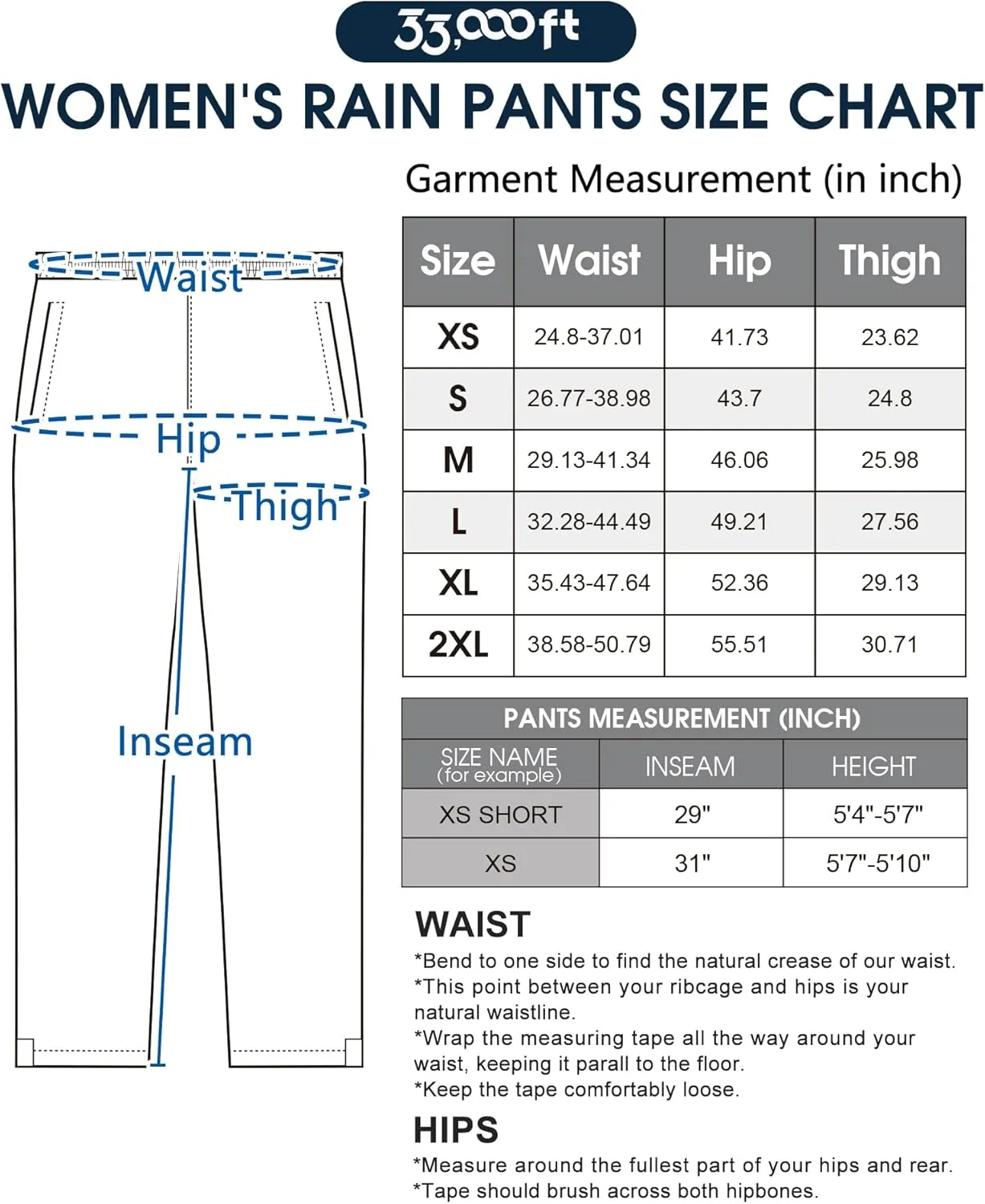 33,000ft Packable Rain Pants for Women Waterproof Pants Lightweight Rain Over Pants Outdoor Windproof Pant for Golf Hiking