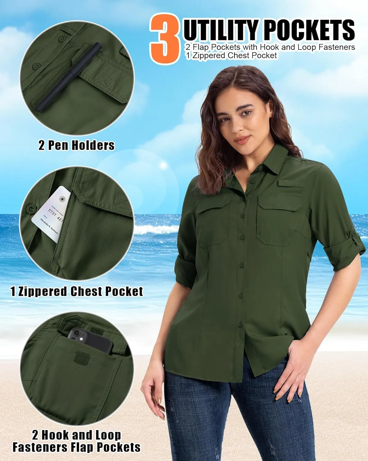 33,000ft Women's UPF 50  UV Long Sleeve Sun Protection Safari Shirts Quick Dry Outdoor Fishing Hiking Travel Shirt