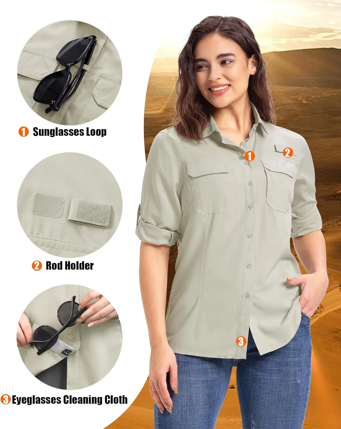 33,000ft Women's UPF 50  UV Long Sleeve Sun Protection Safari Shirts Quick Dry Outdoor Fishing Hiking Travel Shirt