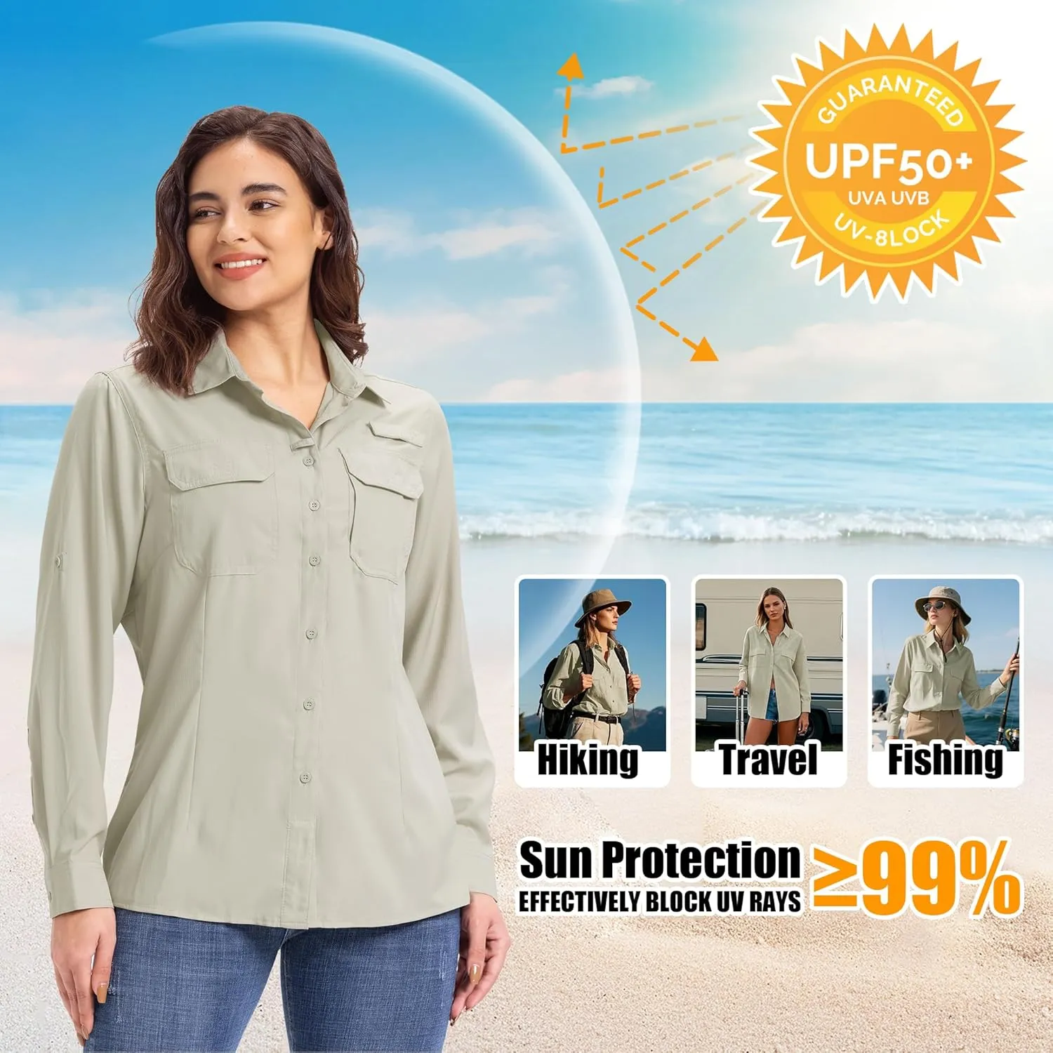33,000ft Women's UPF 50  UV Long Sleeve Sun Protection Safari Shirts Quick Dry Outdoor Fishing Hiking Travel Shirt