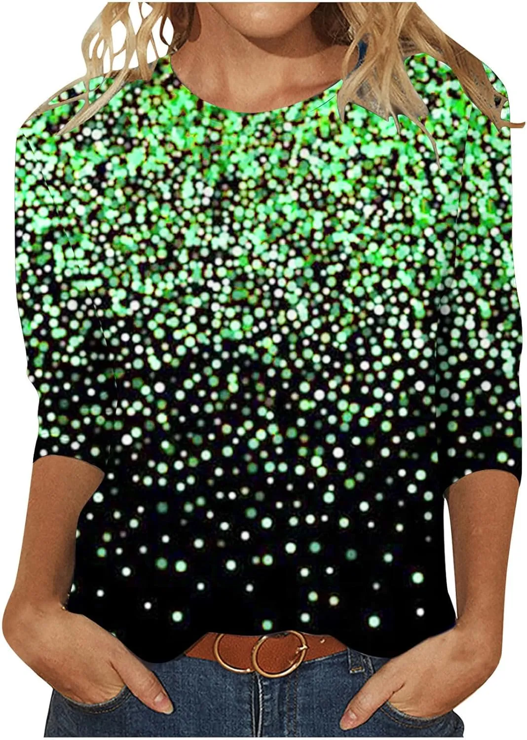 3/4 Sleeve Tops for Women Dressy Casual Plus Size Sparkly Print Tunic Shirts Loose Soft Fall Fashion Blouses