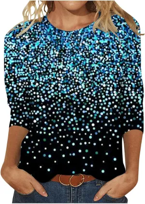 3/4 Sleeve Tops for Women Dressy Casual Plus Size Sparkly Print Tunic Shirts Loose Soft Fall Fashion Blouses