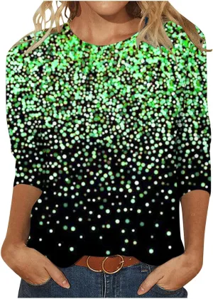 3/4 Sleeve Tops for Women Dressy Casual Plus Size Sparkly Print Tunic Shirts Loose Soft Fall Fashion Blouses