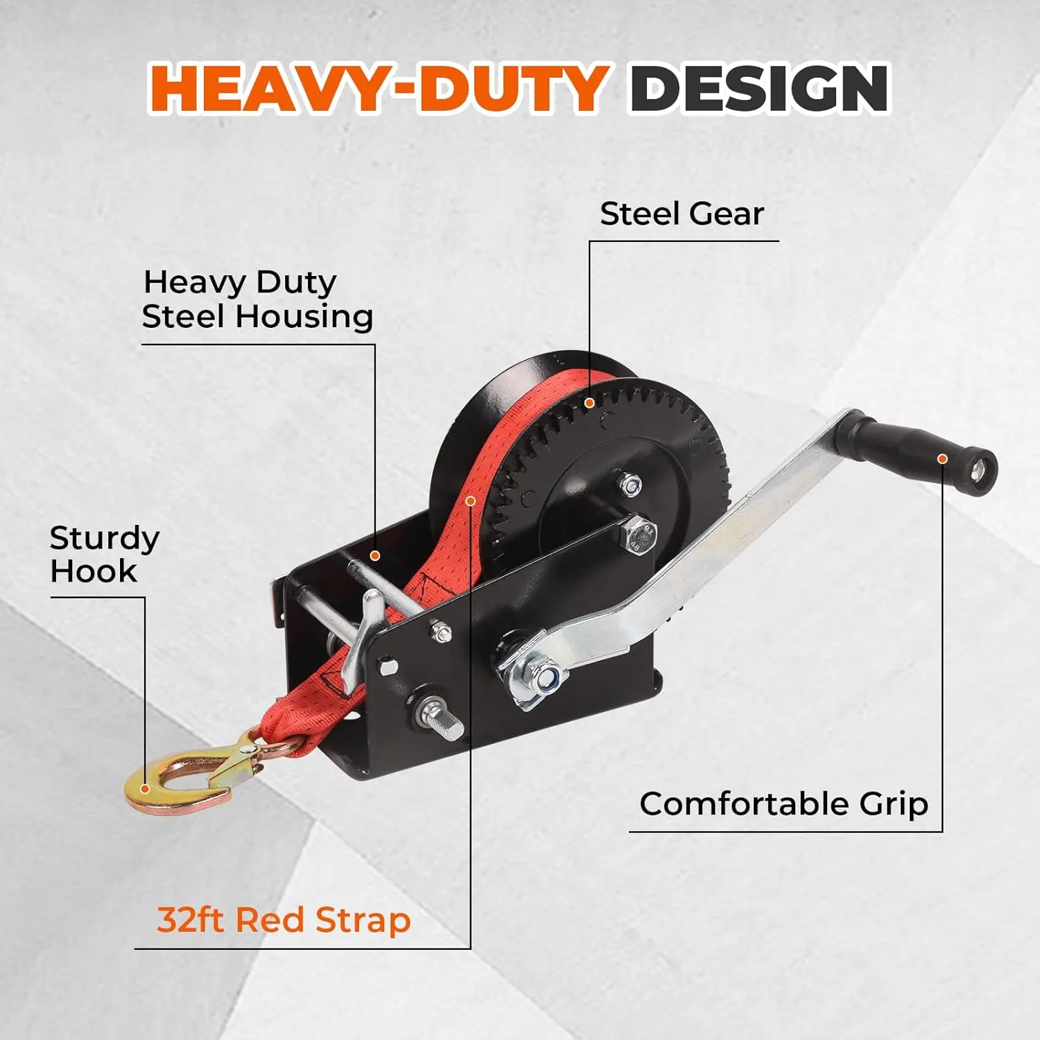 3500lbs Boat Trailer Winch - Heavy Duty Hand Crank Ratchet with 10m/32ft Red Strap, 4:1/8:1 Gear Ratio, 2 Speed Switchable, 2-Way for Boat Trailers, Marine, Truck, ATV