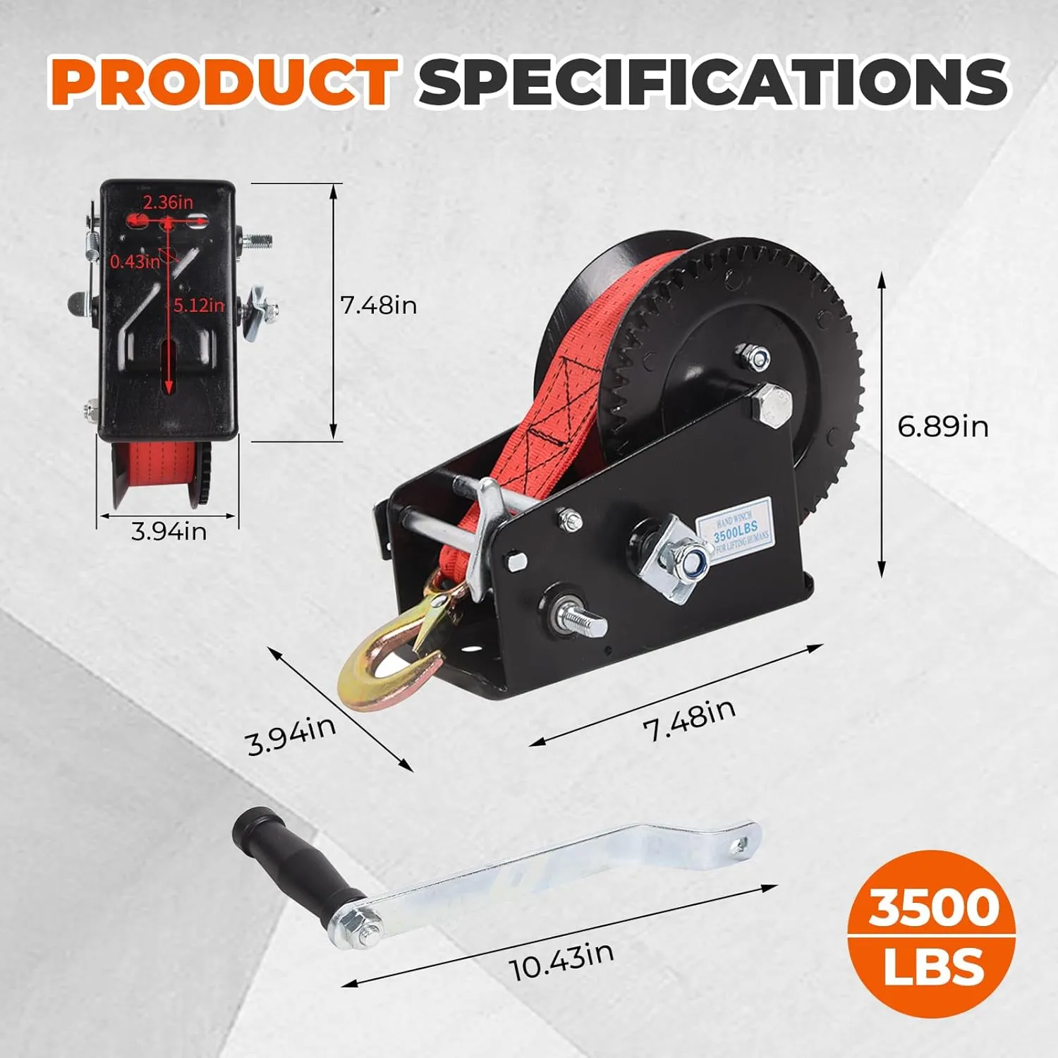 3500lbs Boat Trailer Winch - Heavy Duty Hand Crank Ratchet with 10m/32ft Red Strap, 4:1/8:1 Gear Ratio, 2 Speed Switchable, 2-Way for Boat Trailers, Marine, Truck, ATV