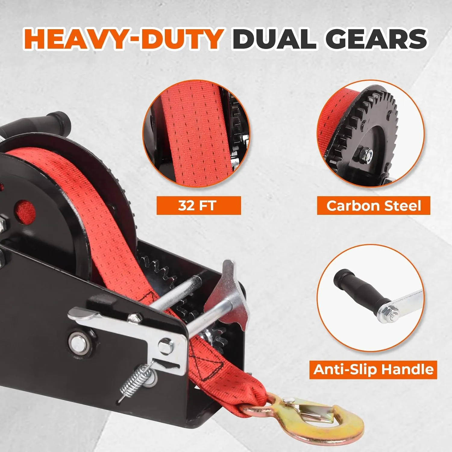 3500lbs Boat Trailer Winch - Heavy Duty Hand Crank Ratchet with 10m/32ft Red Strap, 4:1/8:1 Gear Ratio, 2 Speed Switchable, 2-Way for Boat Trailers, Marine, Truck, ATV