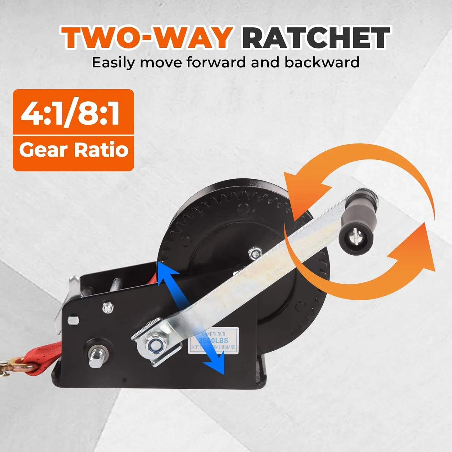 3500lbs Boat Trailer Winch - Heavy Duty Hand Crank Ratchet with 10m/32ft Red Strap, 4:1/8:1 Gear Ratio, 2 Speed Switchable, 2-Way for Boat Trailers, Marine, Truck, ATV