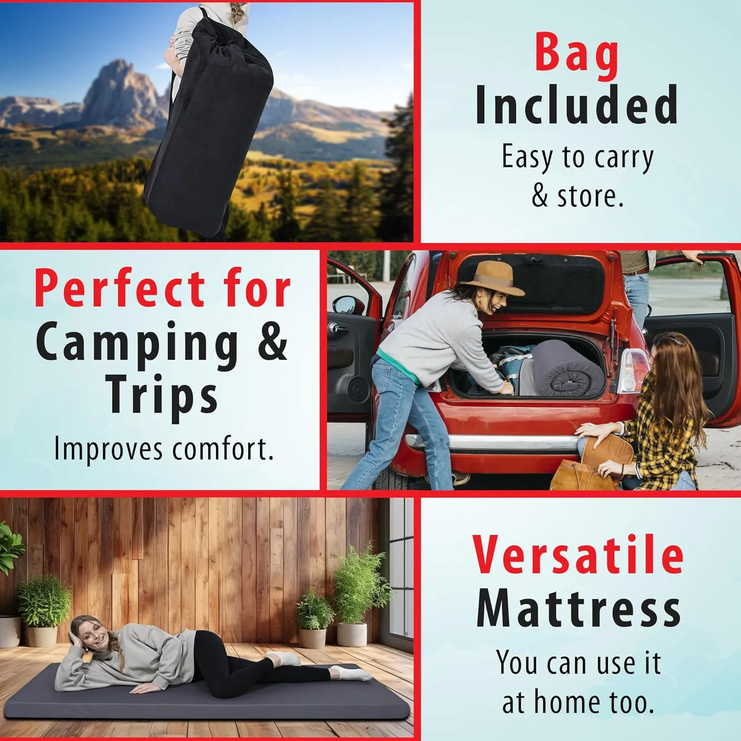 3" x 26" x 72" Memory Foam Roll-Up Camping Mattress with Water Resistant Zipper Cover, Foldable and Portable for Camping, RV Bunk, Tent, Guest Bed, Outdoor and Dorm