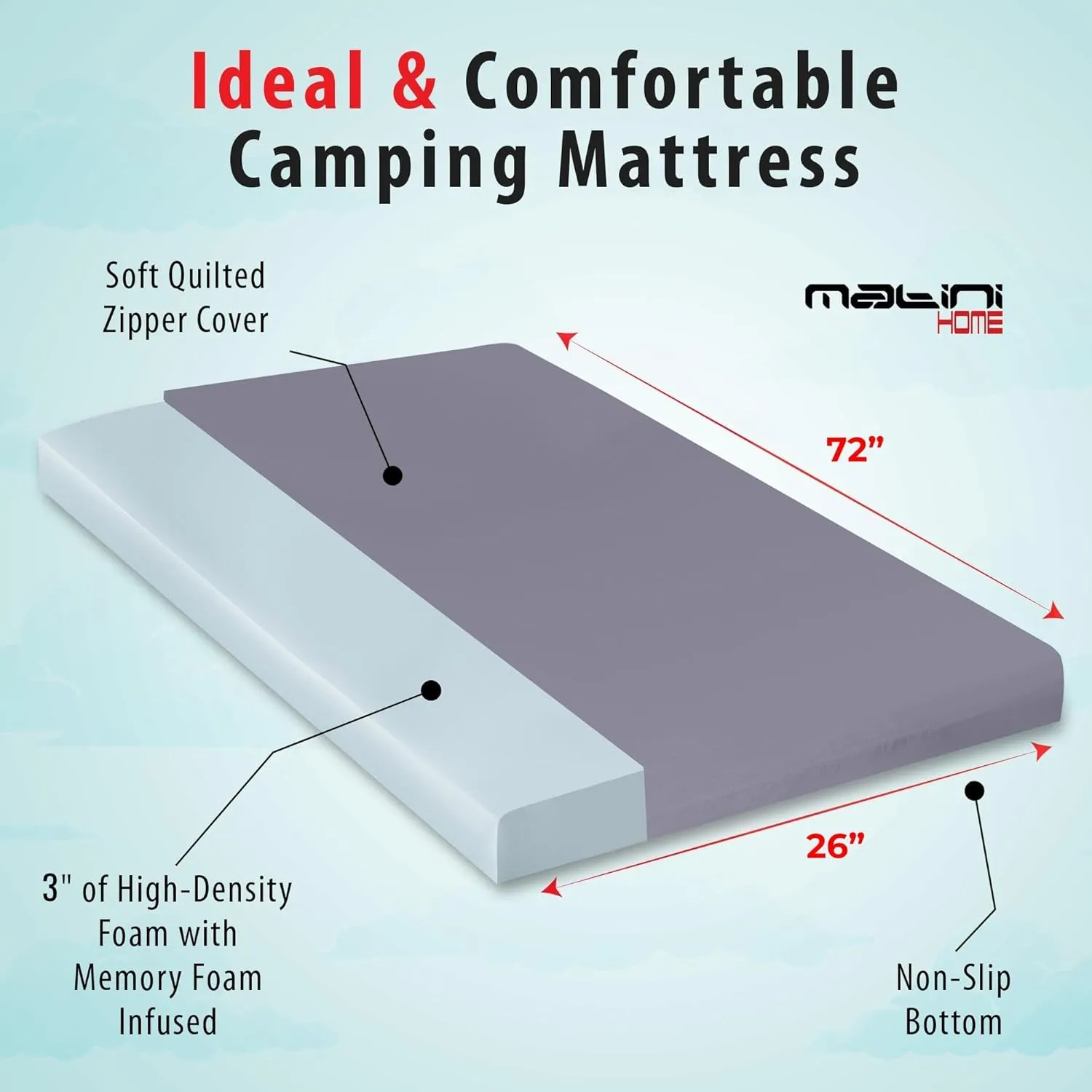 3" x 26" x 72" Memory Foam Roll-Up Camping Mattress with Water Resistant Zipper Cover, Foldable and Portable for Camping, RV Bunk, Tent, Guest Bed, Outdoor and Dorm